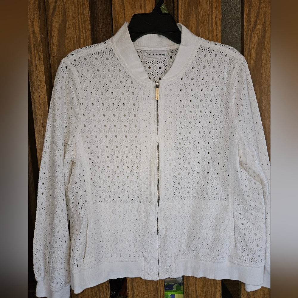Liz Claiborne White Eyelet Zip-Front Bomber Jacket